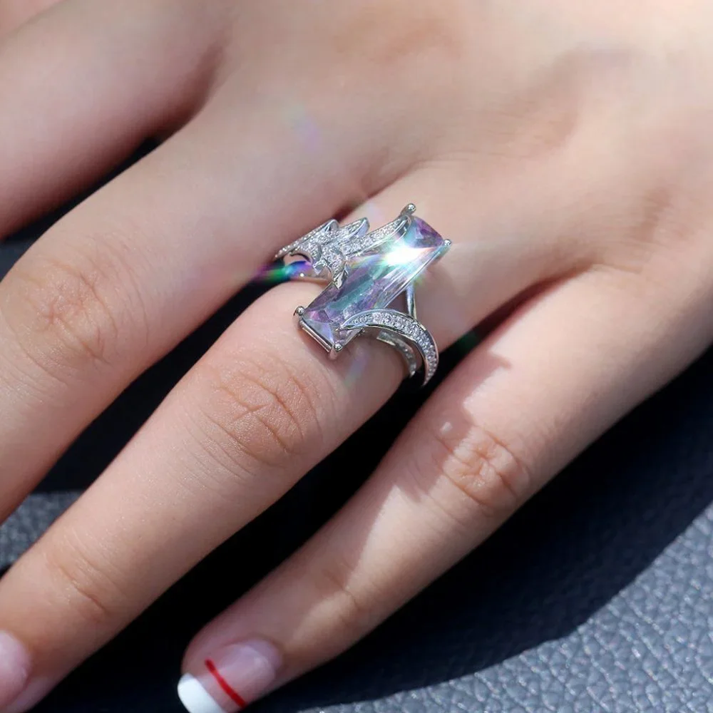 🎀 Big Dainty Rectangle Pure Green Gemstone CZ Rings For Women, HA4316-6